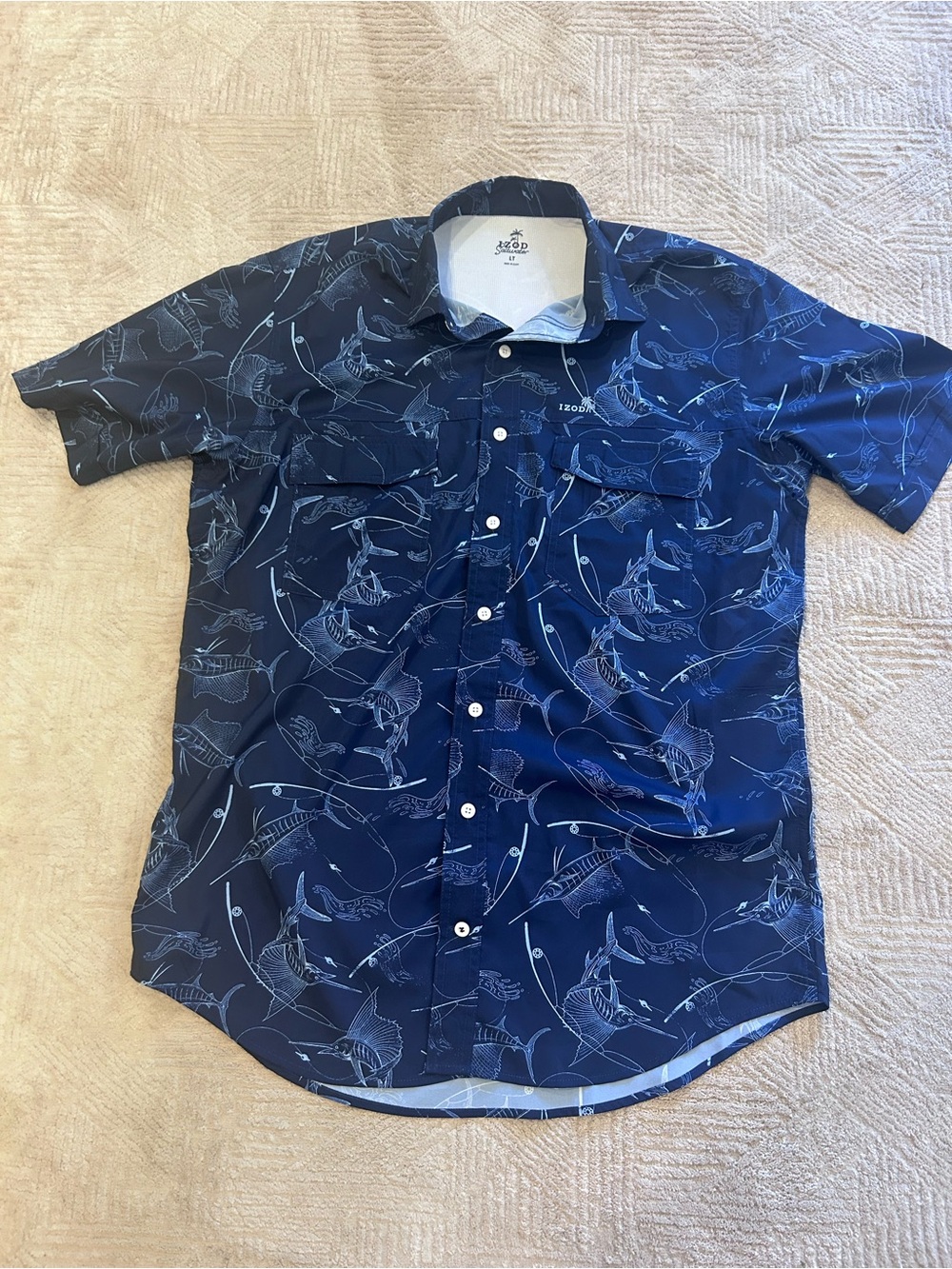 Izod Navy Short-Sleeve Button-Down Shirt with Marlin Print